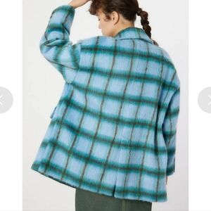 BiBi Brushed Fuzzy Blue Plaid Oversized Thick Overcoat